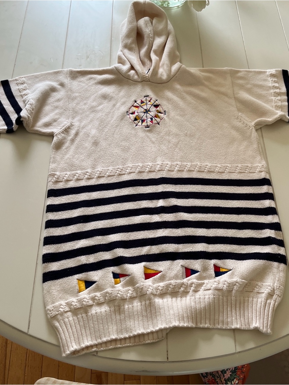 Vintage Jaeger Cream Hooded Knit Sweater with Embroidered Compass, Size Medium